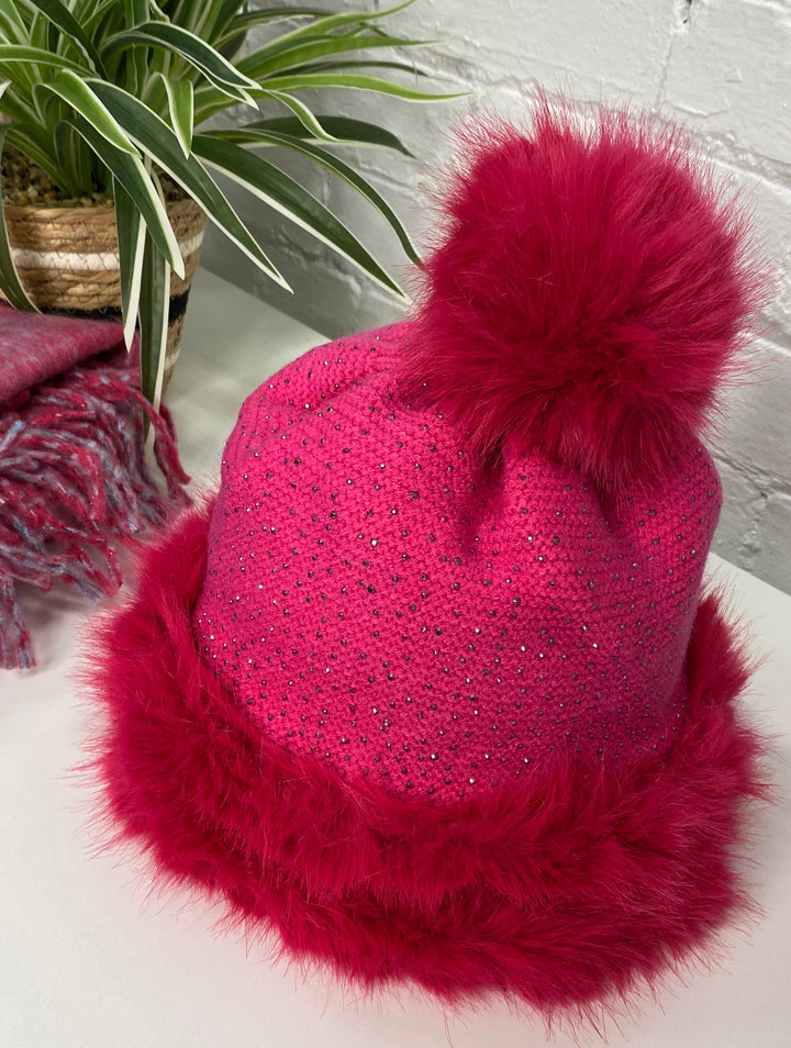 Oslo Crystal Pom Pom Hat - Hot Pink