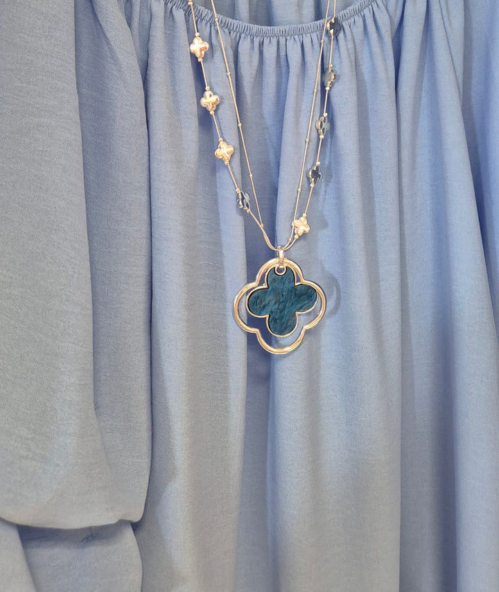 Clover Pearlised Necklace - Blue (Silver Tone)