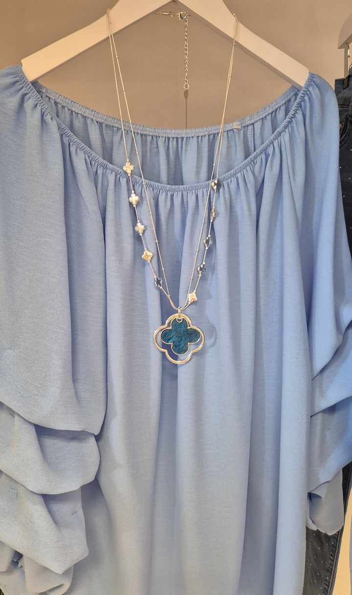 Clover Pearlised Necklace - Blue (Silver Tone)