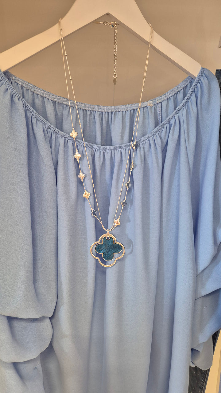 Clover Pearlised Necklace - Blue (Silver Tone)