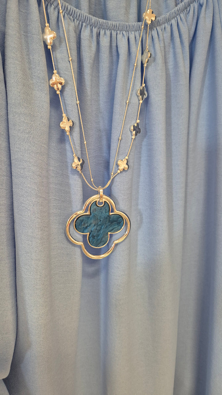 Clover Pearlised Necklace - Blue (Silver Tone)