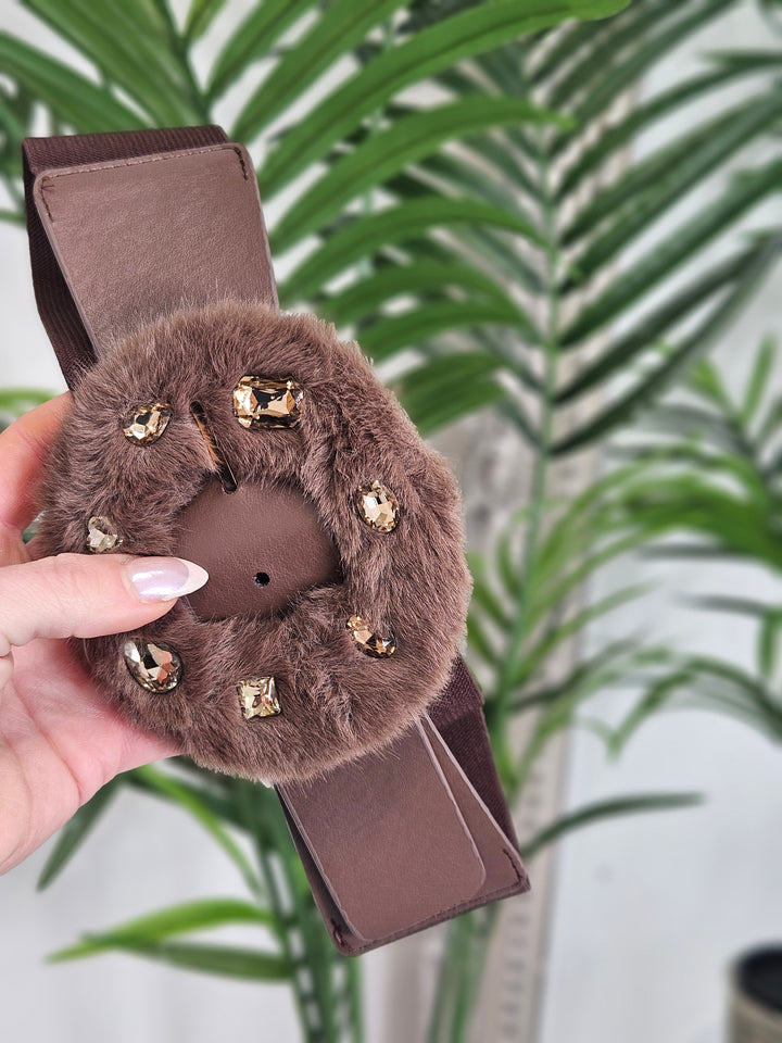 Oslo Crystal & Faux Fur Stretchy Belt - Chocolate