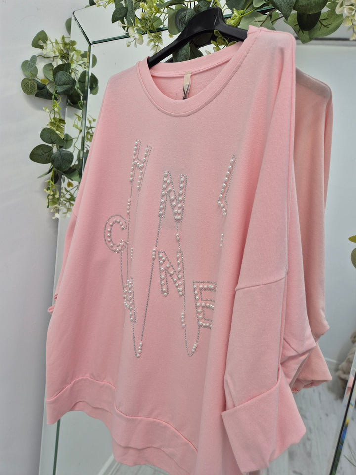 Coco Pearl & Crystal Sweatshirt - Pink (Oversized)