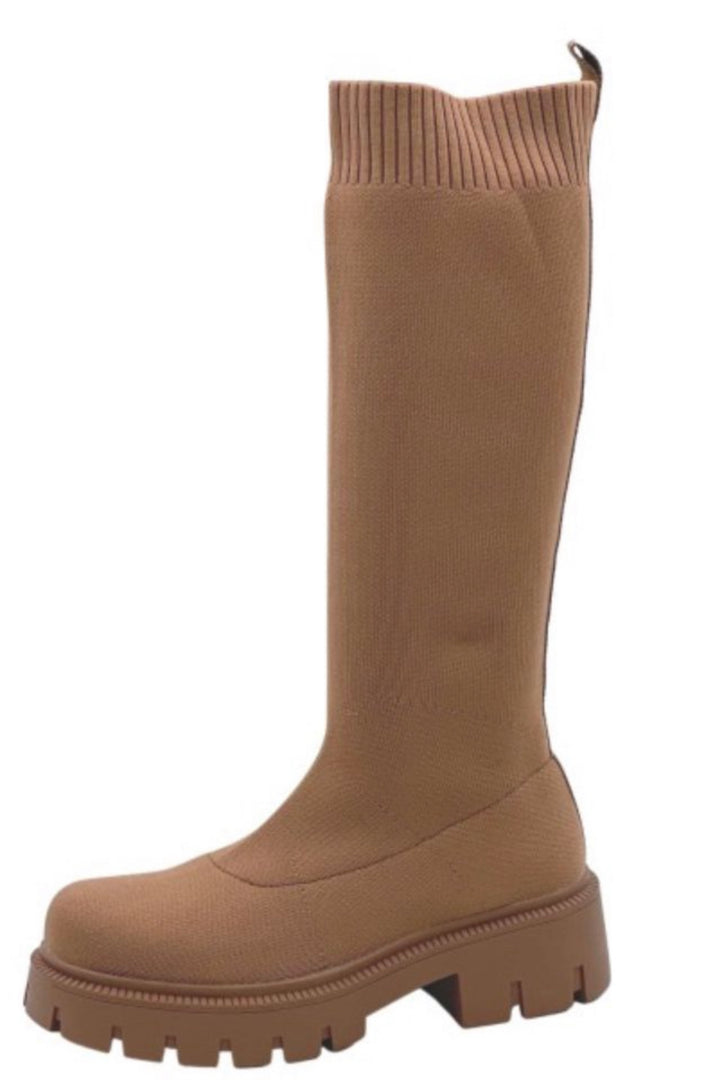 Sock Boots with Cleated Sole - Camel