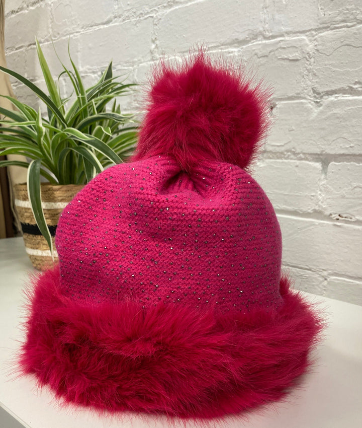 Oslo Crystal Pom Pom Hat - Hot Pink