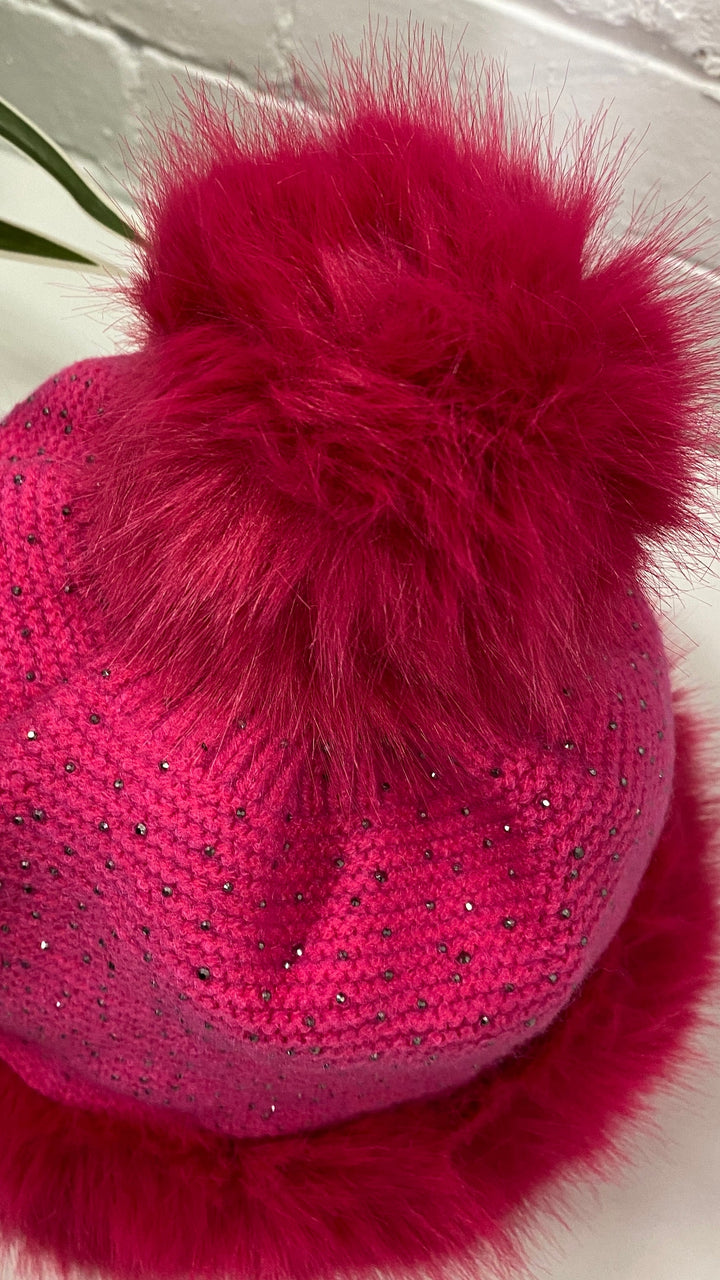 Oslo Crystal Pom Pom Hat - Hot Pink