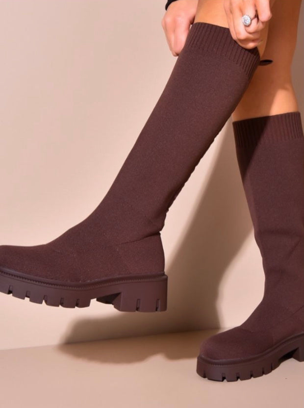 Sock Boots with Cleated Sole - Camel