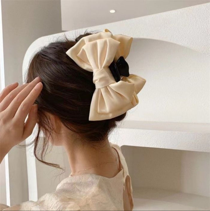 Satin Double Bow Hair Claw - Cream