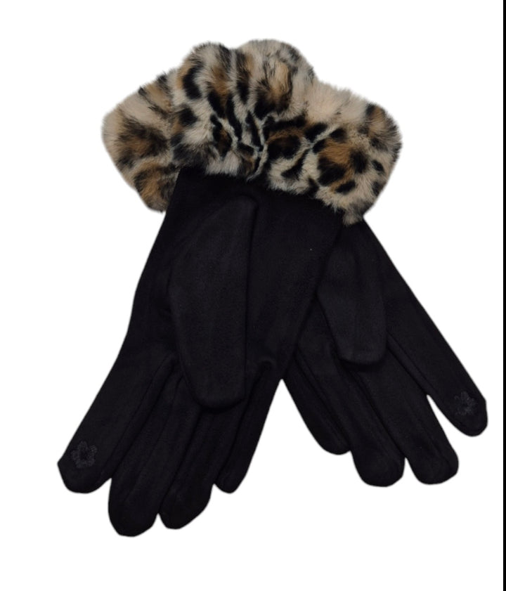 Oslo Leopard Faux Fur Gloves -  Black