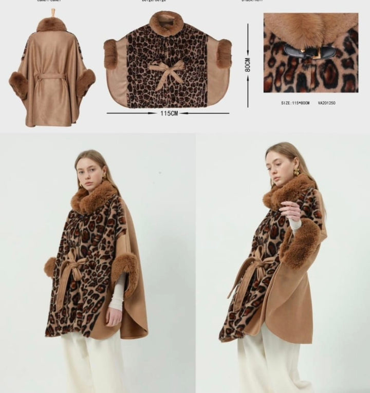 Oslo Faux Fur Poncho/Cape with Tie Belt - (choose your Leopard Colour)