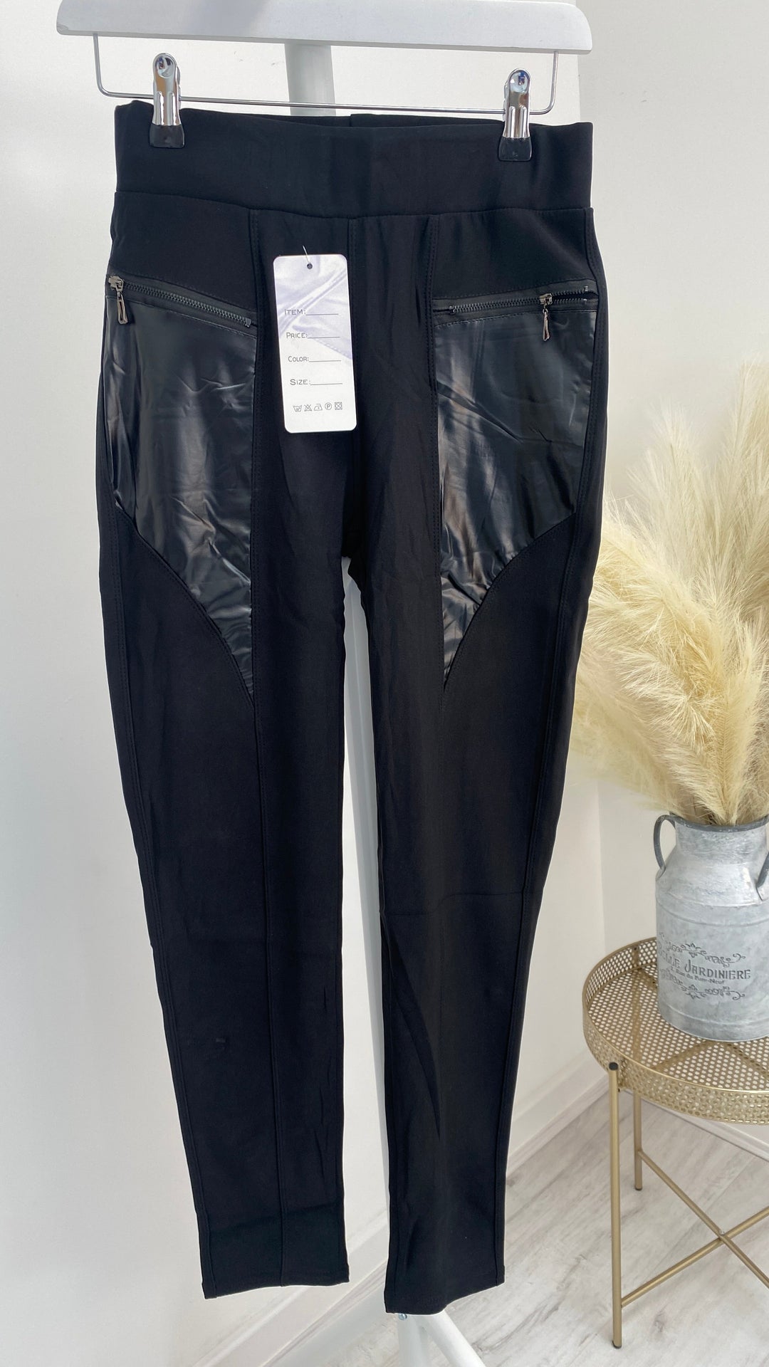 Faux Leather Panel Leggings - Black