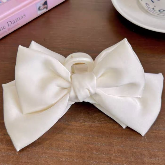 Satin Double Bow Hair Claw - Cream