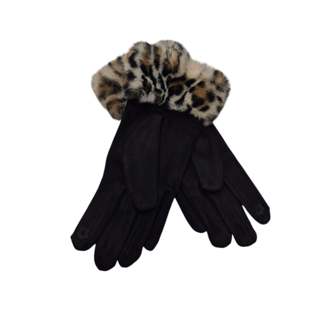 Oslo Leopard Faux Fur Gloves -  Black