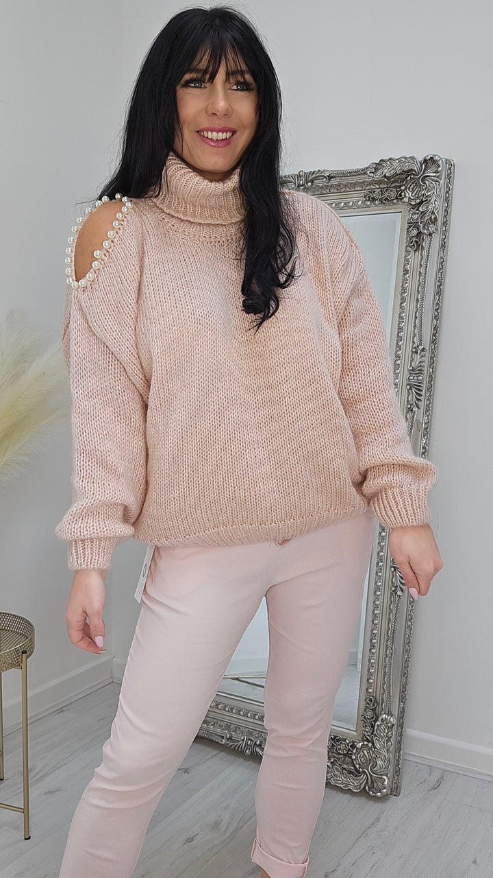 Pearly Diva Cold Shoulder Jumper - Dusky Pink