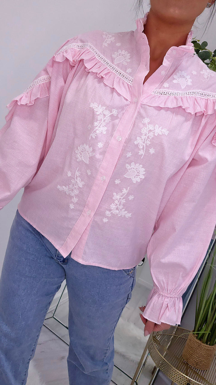 Floral Candy Pink Striped Frilled Blouse (choose your Size)