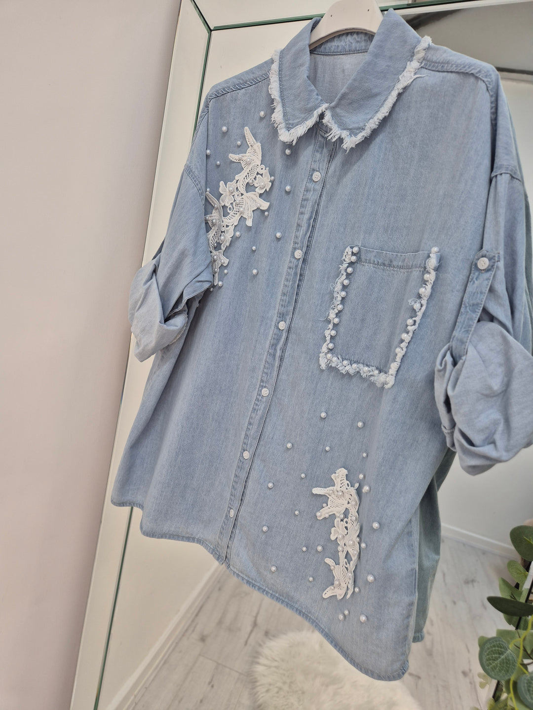 Darcy Denim Distressed Pearl Shirt (choose your Size)