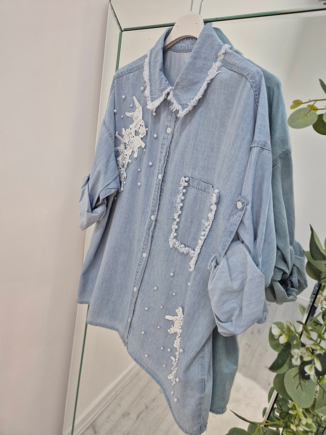 Darcy Denim Distressed Pearl Shirt (choose your Size)