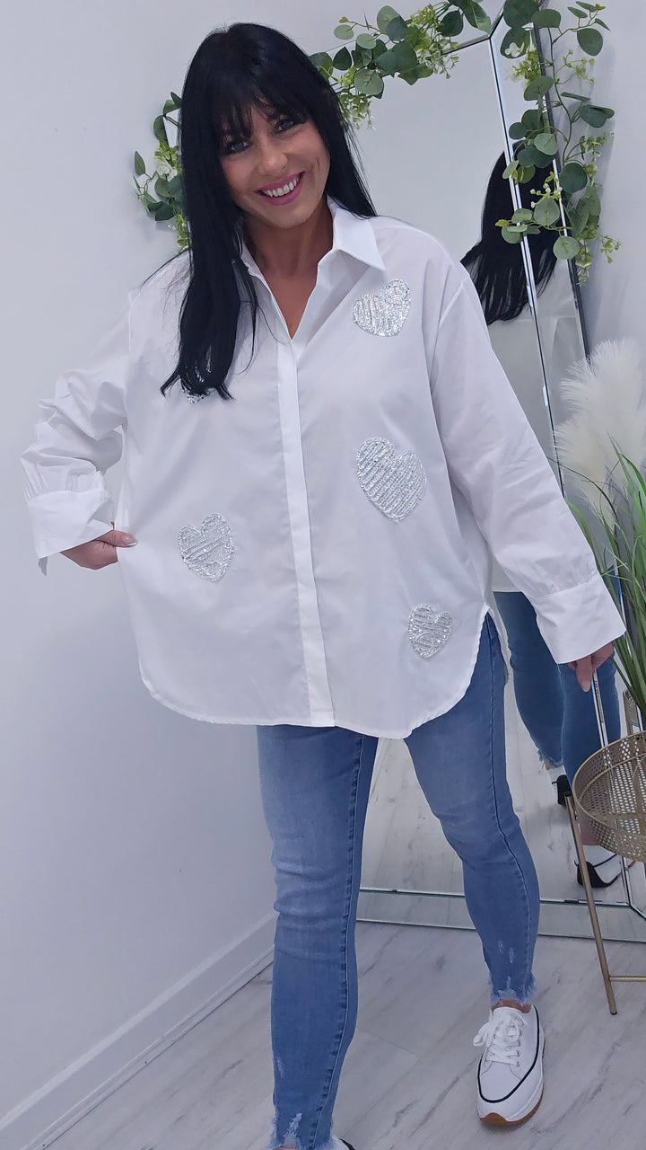 Mina Rose Hearts Blouse - White (Oversized/Curvy)