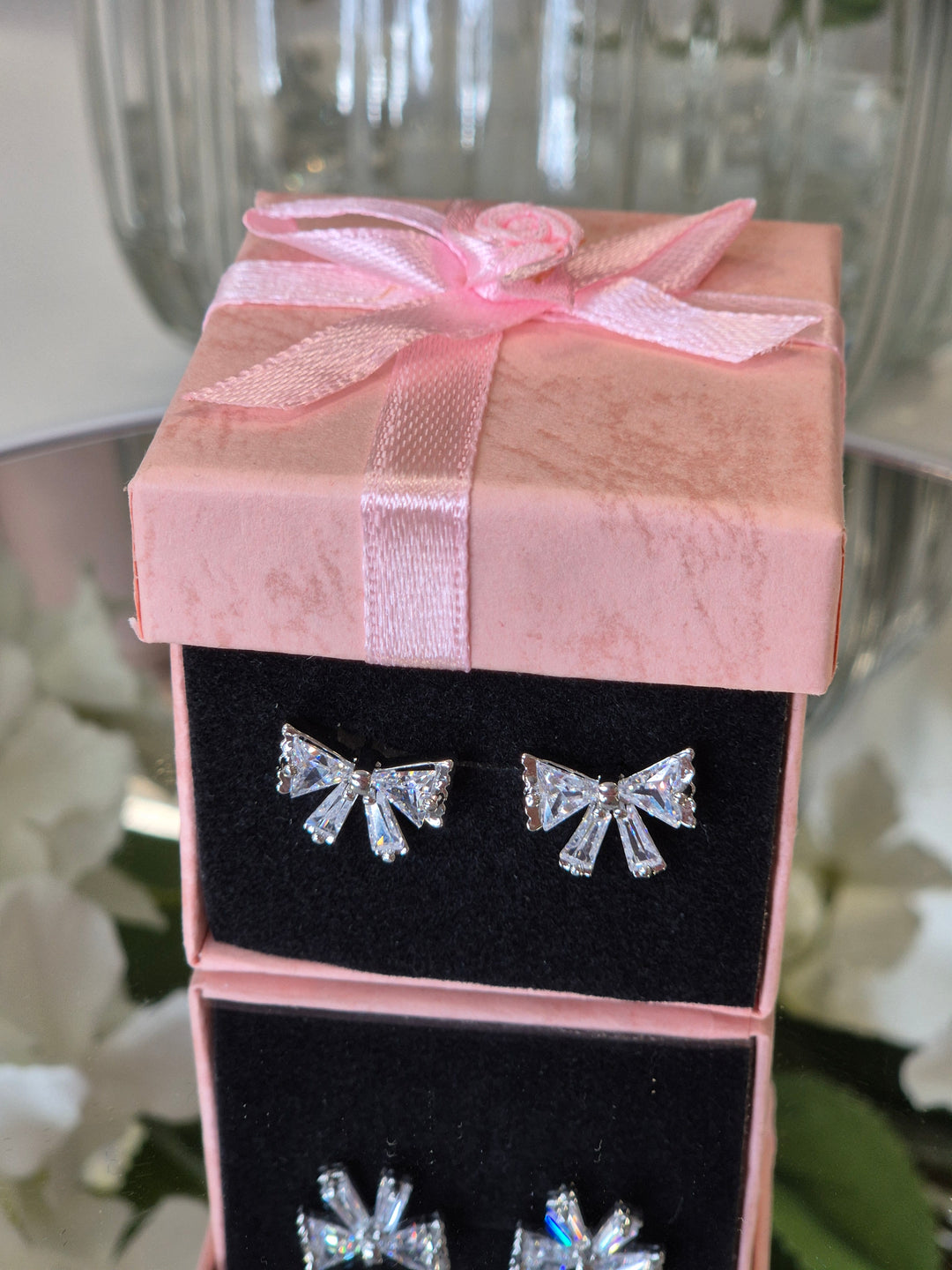 Bow Crystal Earrings - Silver Tone (Pierced)