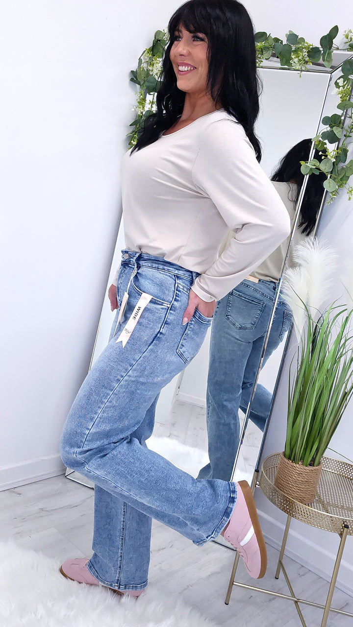 Milas Acid Wash Wide Leg Jeans - Pale Stonewash (choose your Size)