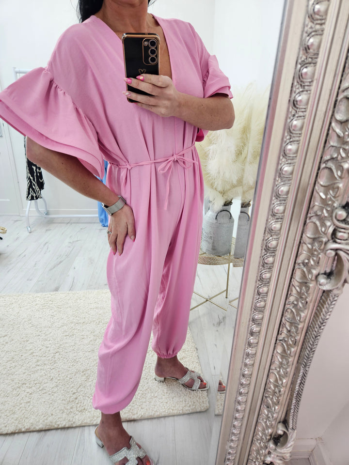 Alba Double Fluted Sleeve Jumpsuit - Candy Pink