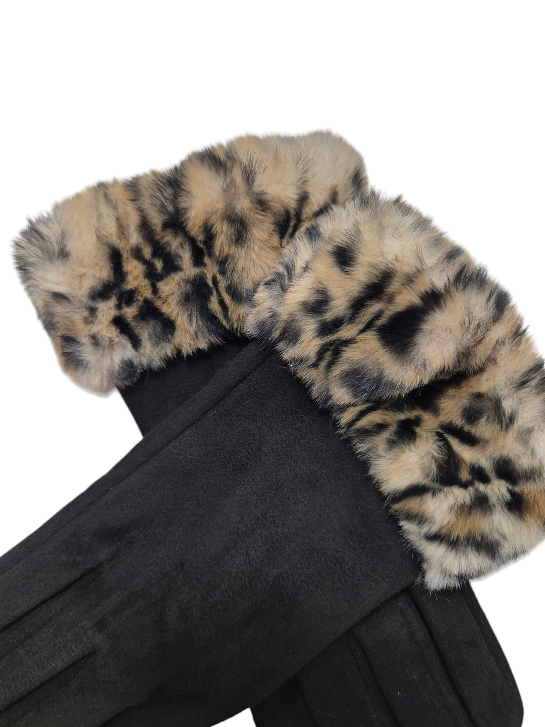 Oslo Leopard Faux Fur Gloves -  Black