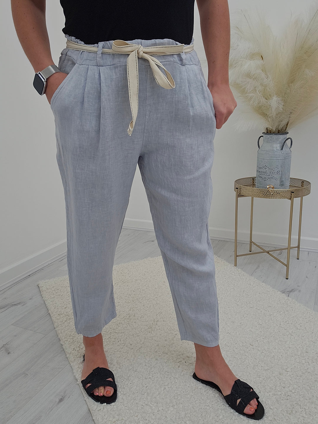 Bianca Linen Trousers with Canvas Belt - Grey