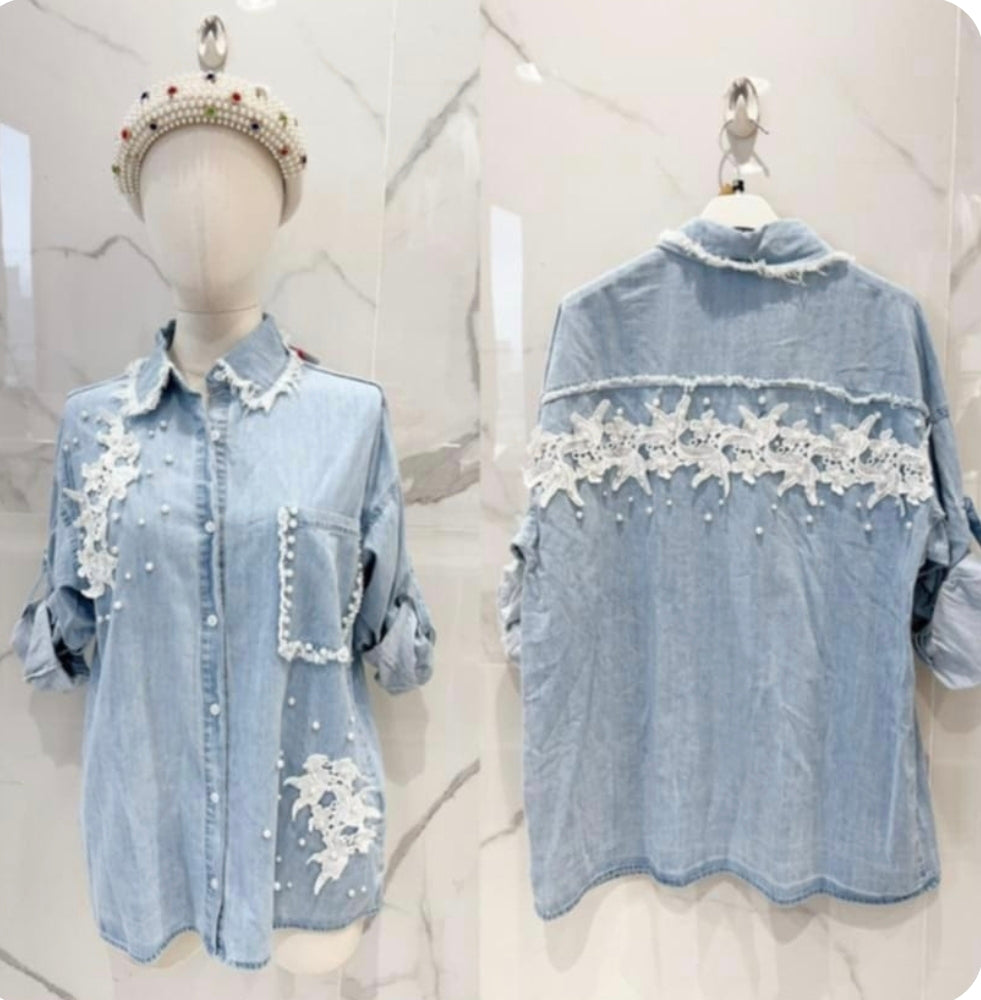 Darcy Denim Distressed Pearl Shirt (choose your Size)