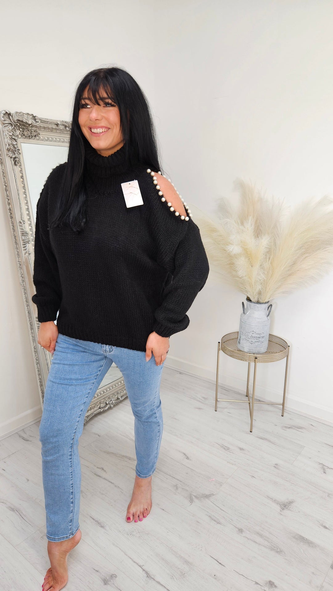 Pearly Diva Cold Shoulder Jumper - Black