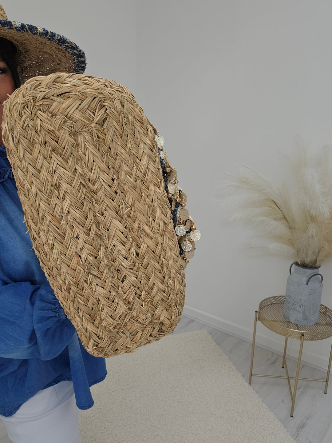 Ibiza Beach Bag - Raffia/Navy with Gold Discs