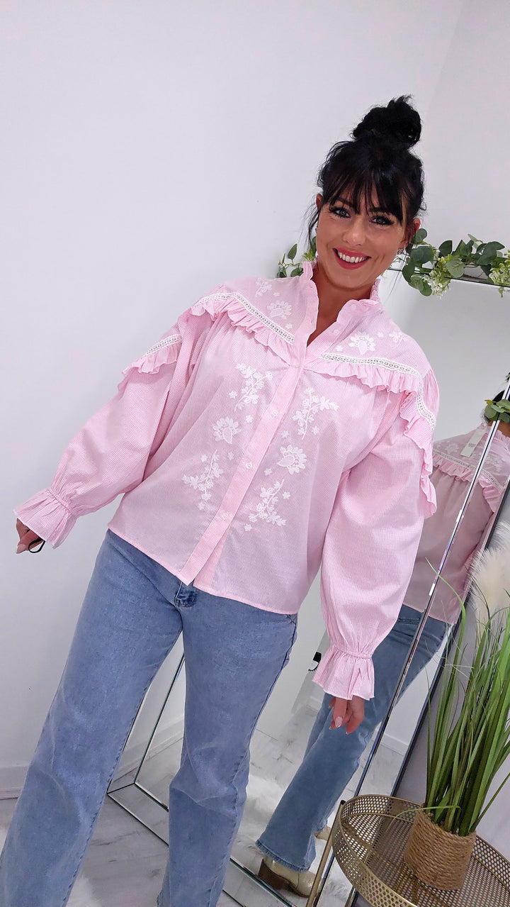 Floral Candy Pink Striped Frilled Blouse (choose your Size)