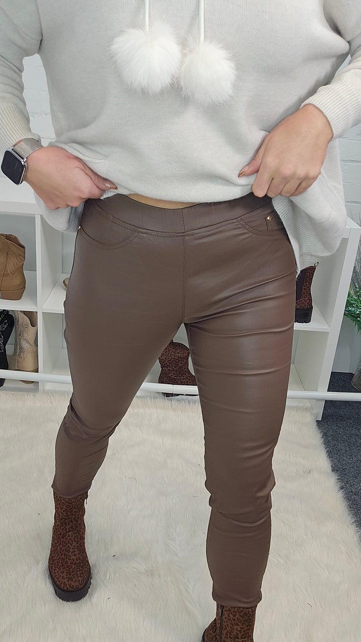 Emma Pull On PU Coated Leggings - Chocolate (choose your Size)