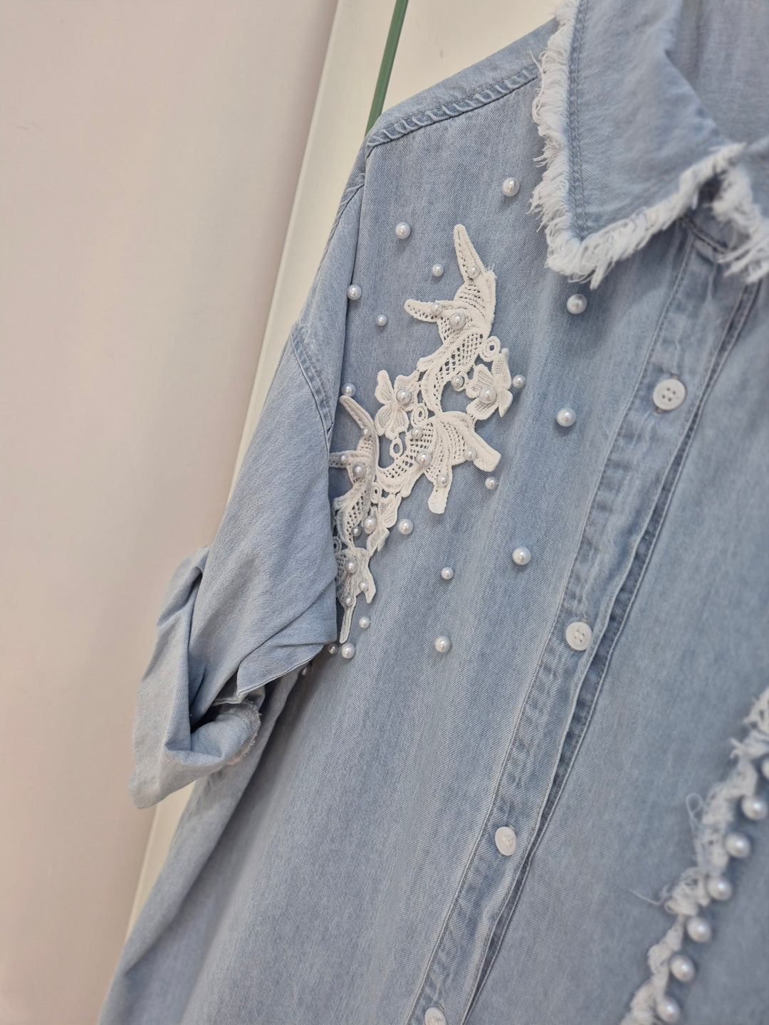 Darcy Denim Distressed Pearl Shirt (choose your Size)