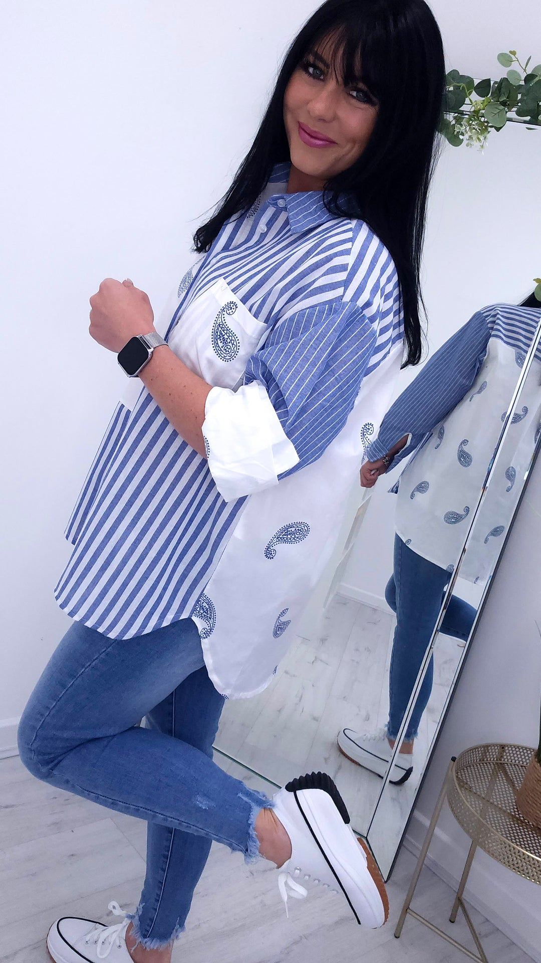 Paisley Pin Stripe Shirt - Blue/White (Oversized)