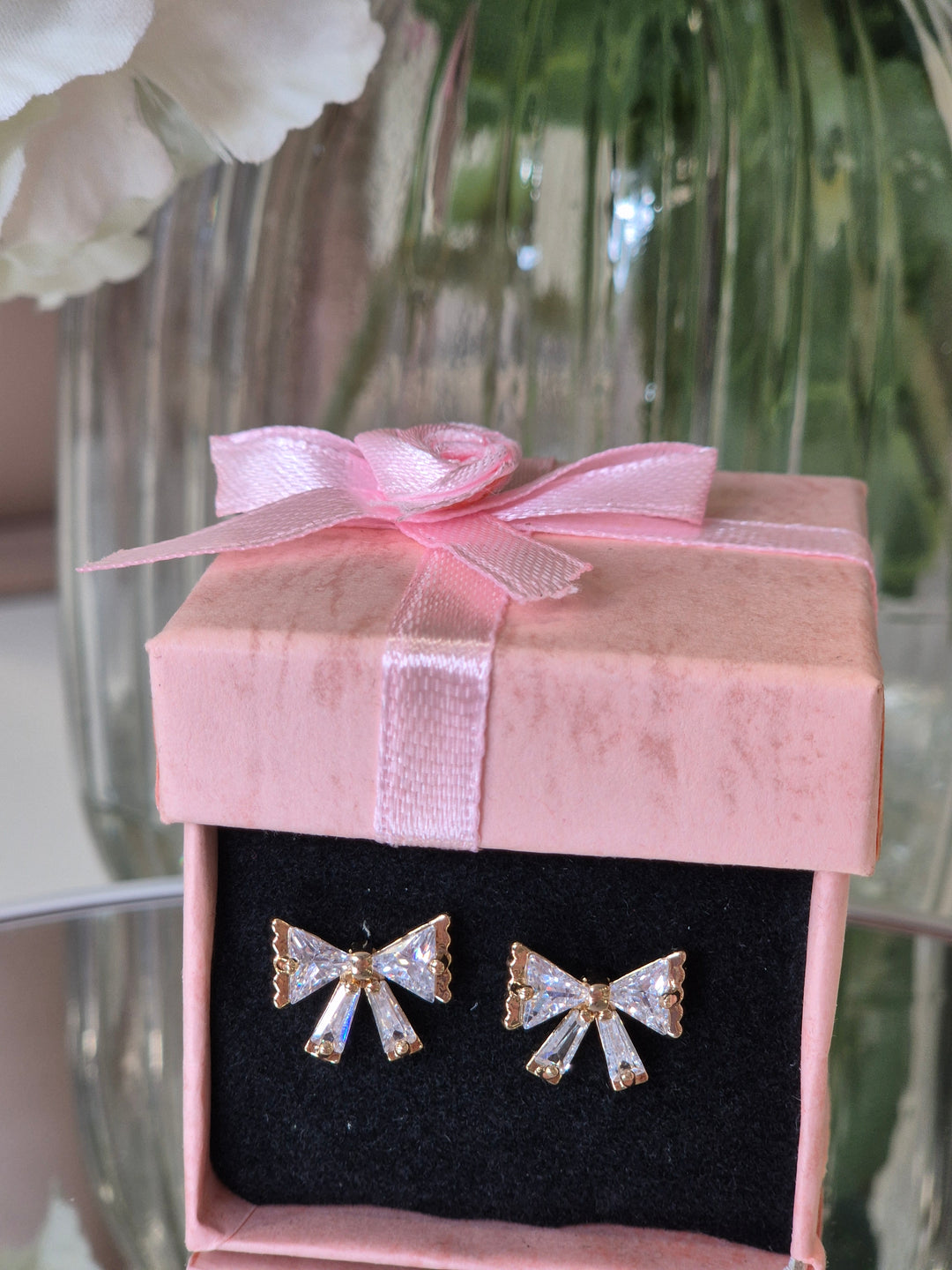 Bow Crystal Earrings - Gold Tone (Pierced)