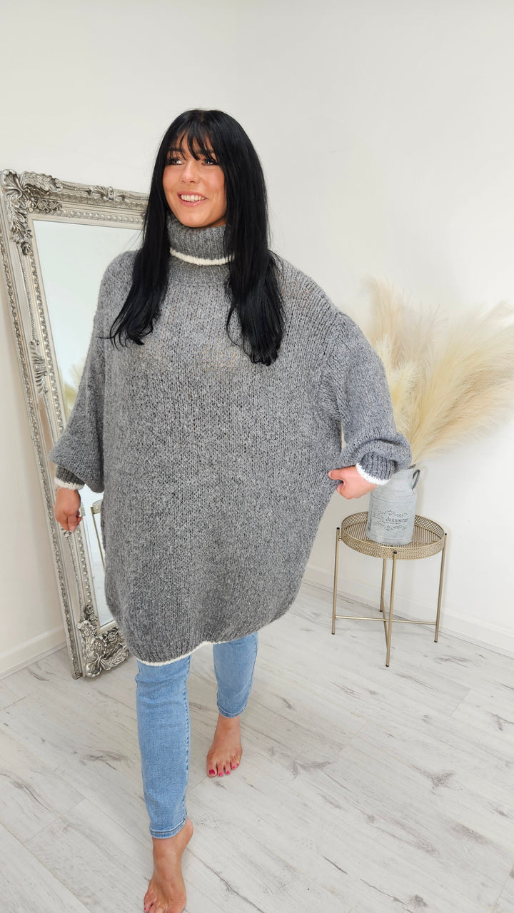 Arabella Roll Neck Jumper Dress - Grey (Curvy)