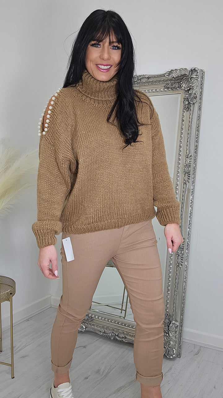 Pearly Diva Cold Shoulder Jumper - Toffee