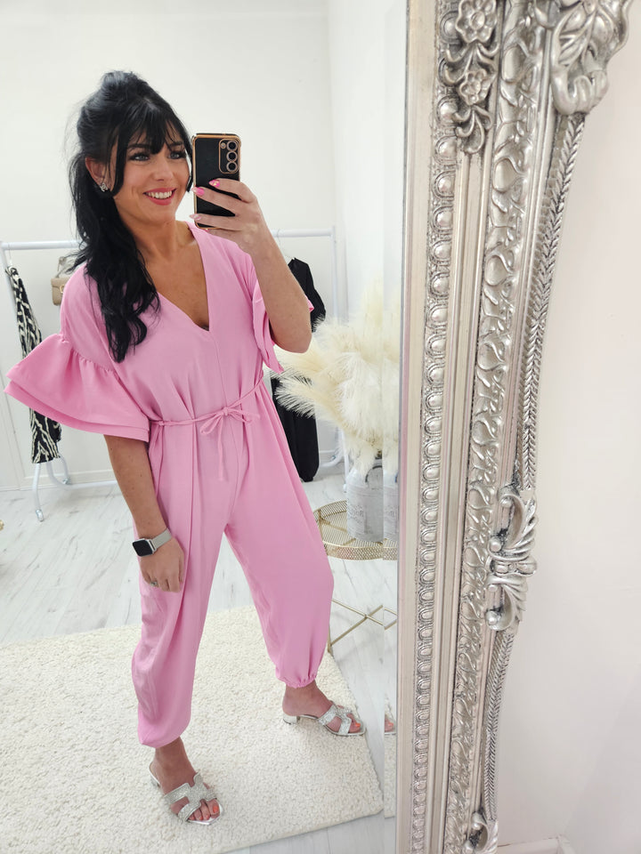 Alba Double Fluted Sleeve Jumpsuit - Candy Pink