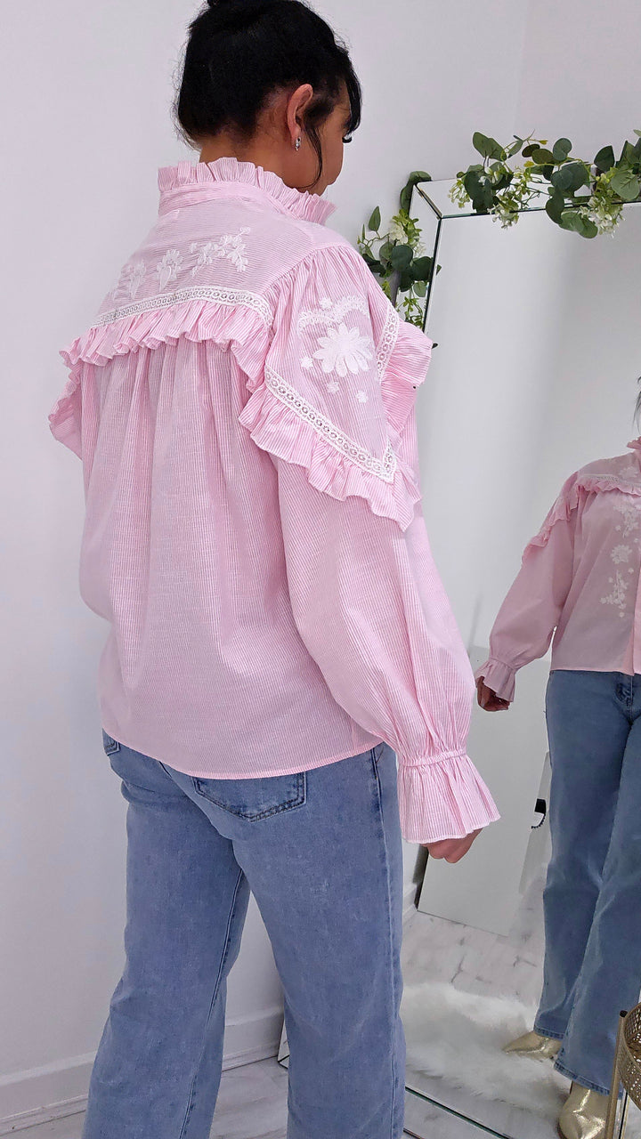 Floral Candy Pink Striped Frilled Blouse (choose your Size)