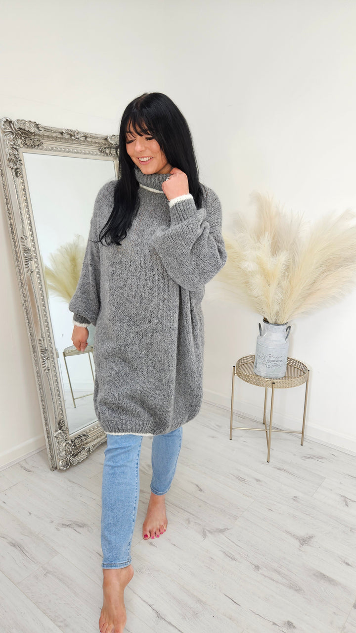 Arabella Roll Neck Jumper Dress - Grey (Curvy)