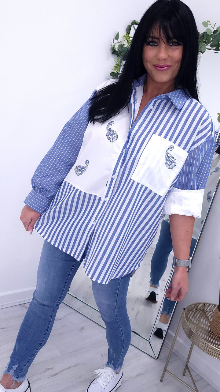 Paisley Pin Stripe Shirt - Blue/White (Oversized)