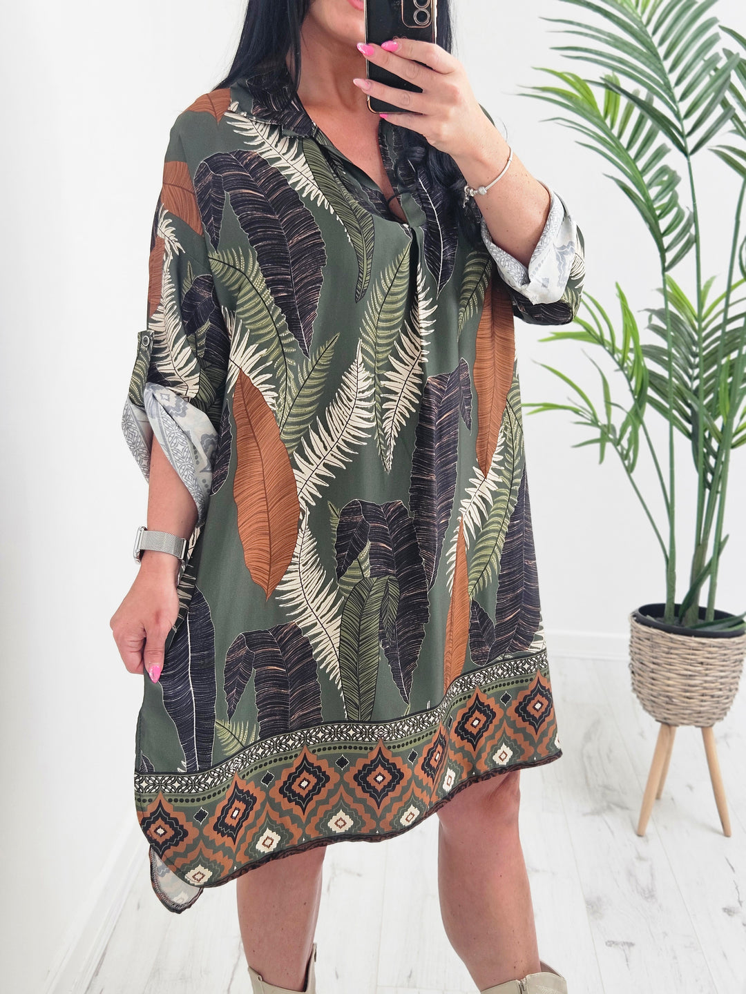 Laura Leaf Print Dress (choose your Colour) - Curvy