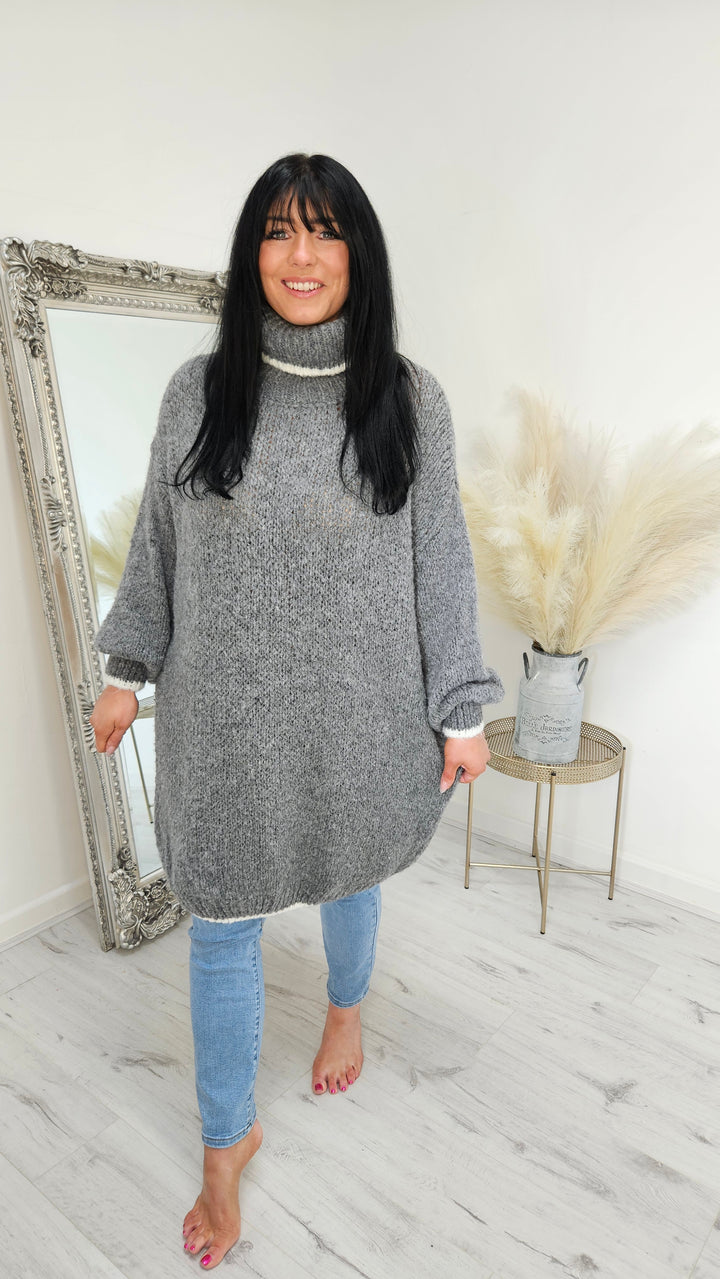 Arabella Roll Neck Jumper Dress - Grey (Curvy)