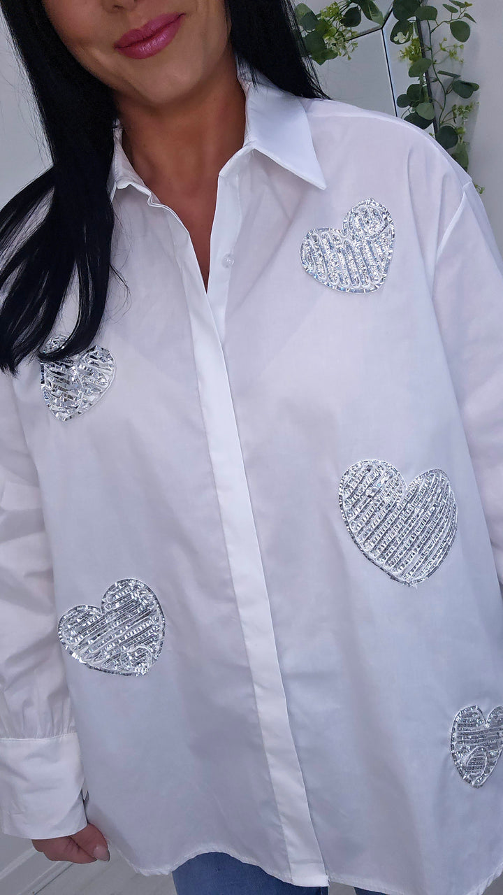 Mina Rose Hearts Blouse - White (Oversized/Curvy)