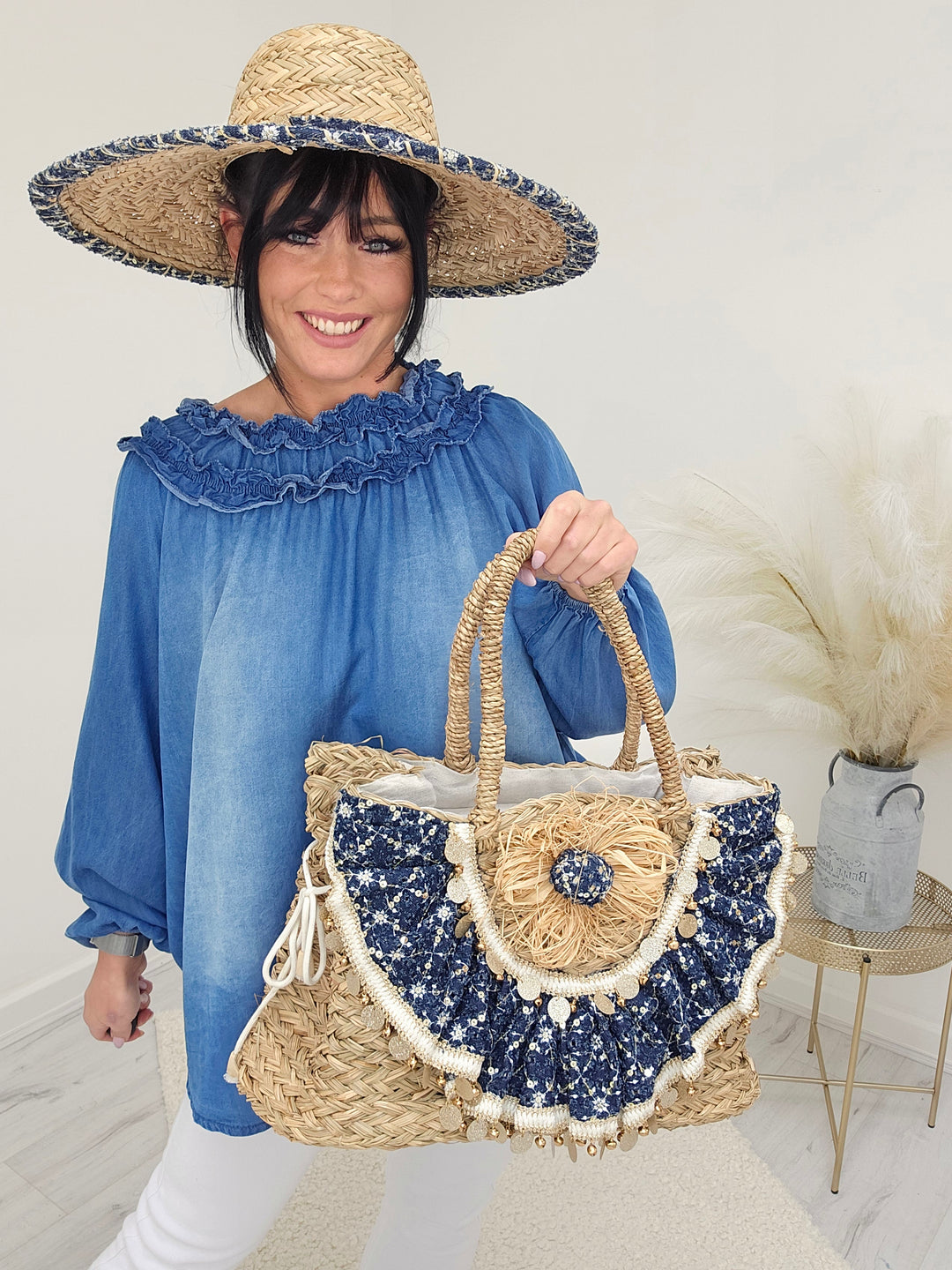 Ibiza Beach Bag - Raffia/Navy with Gold Discs