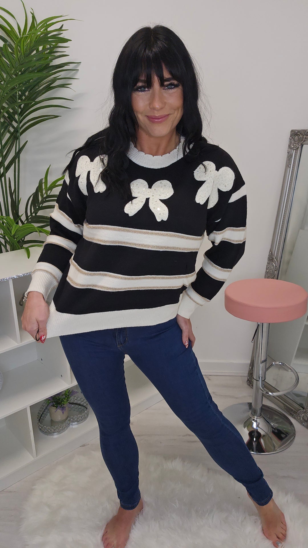 Bow Jumper with Pearls & Sequins - (choose your Colour & Size)