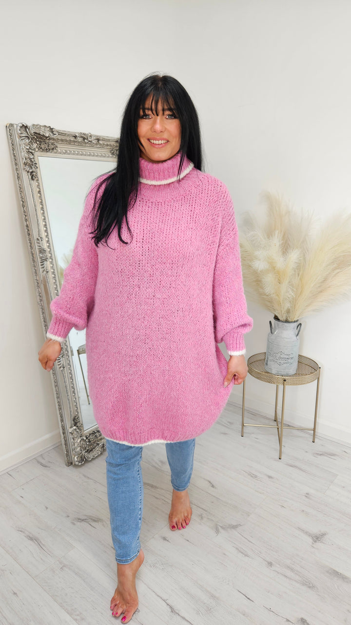 Arabella Roll Neck Jumper Dress - Pink (Curvy)