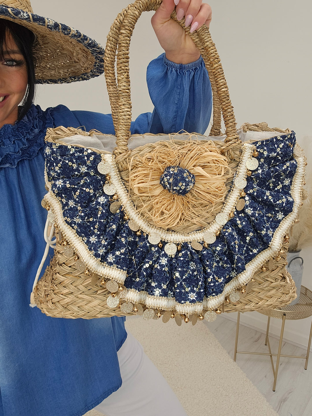 Ibiza Beach Bag - Raffia/Navy with Gold Discs