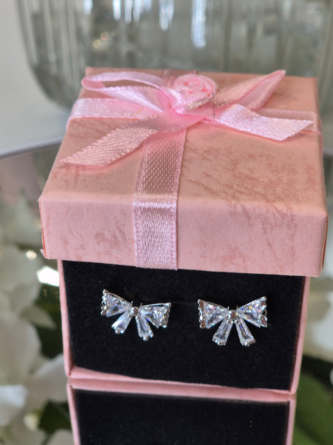 Bow Crystal Earrings - Silver Tone (Pierced)