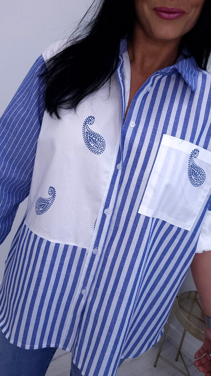 Paisley Pin Stripe Shirt - Blue/White (Oversized)